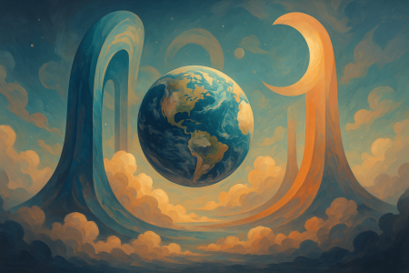 Planeta Tierra flotando entre arcos celestiales en una escena onírica que representa a At Attin en Star Wars