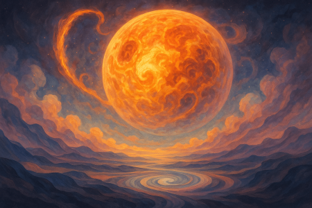 Representación surrealista de una tormenta solar ancestral en un paisaje fantástico y cósmico