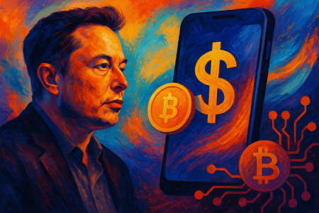 Retrato artístico de Elon Musk frente a un smartphone con símbolos de dólar y Bitcoin,