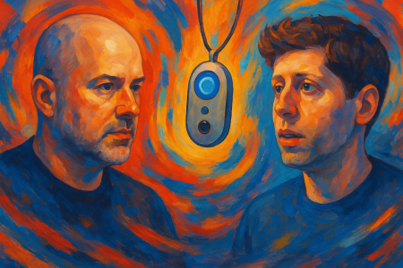 Retrato artístico de Sam Altman y Jony Ive con un dispositivo futurista entre ellos, rodeados de pinceladas coloridas