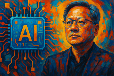 Retrato artístico del CEO de Nvidia con chip de inteligencia artificial, representando restricciones tecnológicas entre EE.UU. y China, en estilo expresionista moderno.