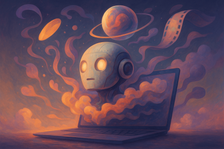 Robot emergiendo de un portátil entre nubes abstractas, simbolizando la inteligencia artificial procesando vídeos en Google Drive.