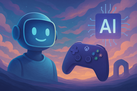 Robot futurista con mando Xbox flotante y símbolo de IA en un paisaje surrealista, ilustrando el asistente inteligente Copilot para Gaming