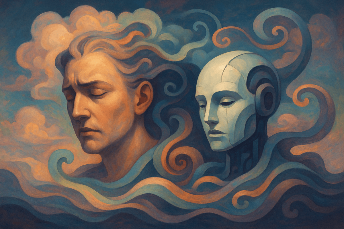 Rostro humano y cabeza de robot entre nubes y formas abstractas, ilustrando la disonancia cognitiva en la inteligencia artificial GPT-4o.