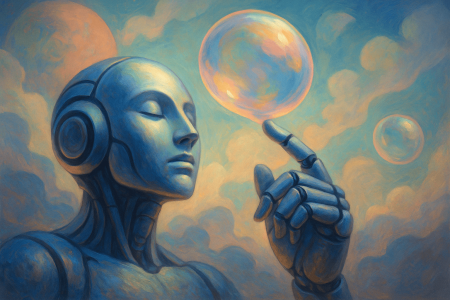 ilustración surrealista de un robot tocando una burbuja que simboliza sensibilidad táctil