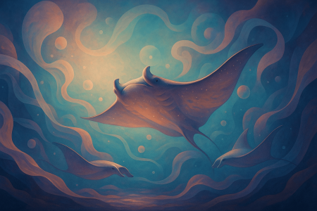 : Ilustración surrealista de tres mantarrayas flotando en un océano abstracto con luz suave y formas ondulantes.
