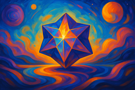 Una pintura digital colorida de estilo abstracto que muestra una gema luminosa flotando sobre un paisaje cósmico