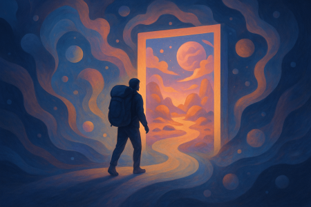 Viajero cruzando un portal hacia un paisaje surrealista generado por inteligencia artificial