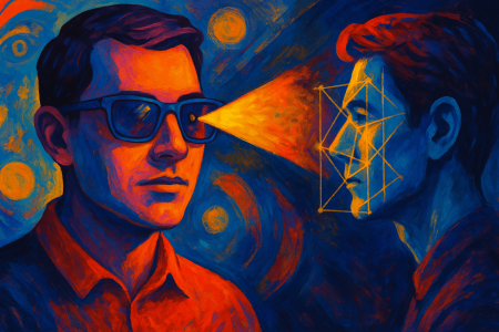 Ilustración colorida de una persona usando gafas inteligentes que emiten un rayo de escaneo facial hacia otra persona, representando el uso del reconocimiento facial en tecnología wearable.