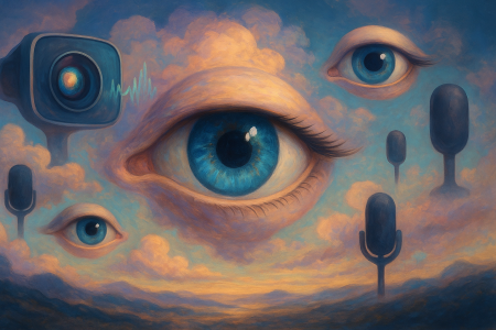 Ilustración surrealista de ojos y micrófonos flotantes representando la vigilancia de gafas inteligentes con inteligencia artificial.