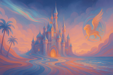 lustración digital surrealista que representa la esencia de Disneyland Abu Dhabi, fusionando elementos arquitectónicos del Medio Oriente con mundos de fantasía inspirados en el universo Disney