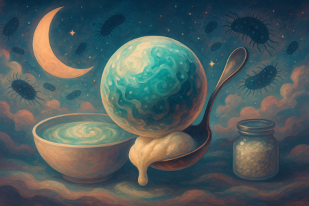 ilustración surrealista de microbios en el espacio inspirada en investigaciones de la NASA sobre microgravedad