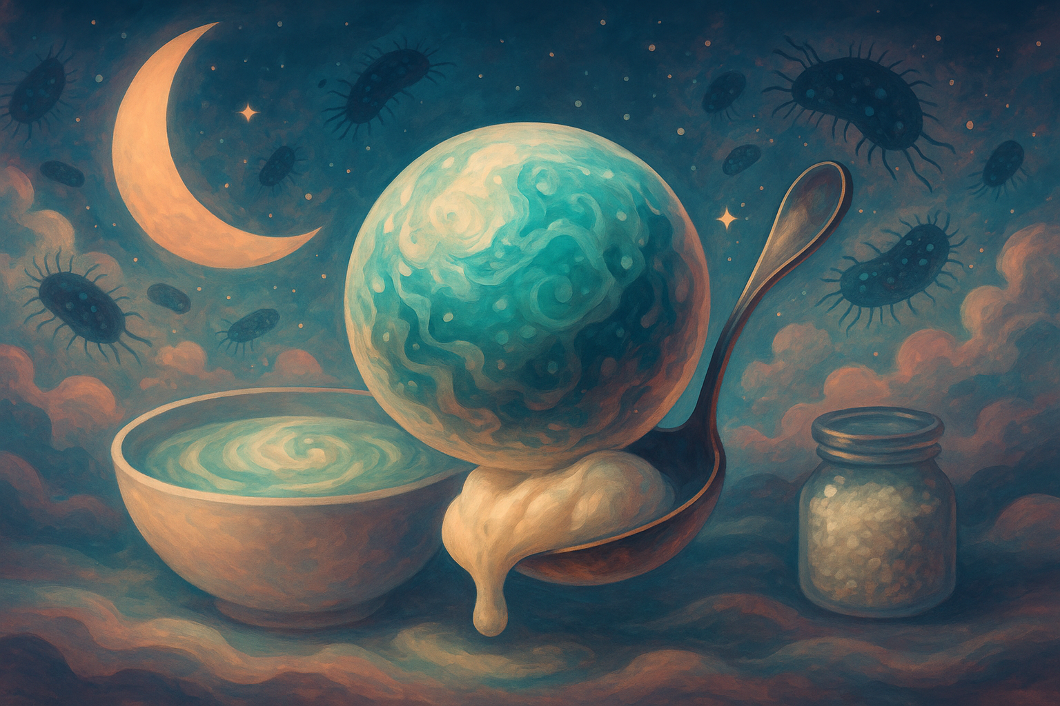 ilustración surrealista de microbios en el espacio inspirada en investigaciones de la NASA sobre microgravedad