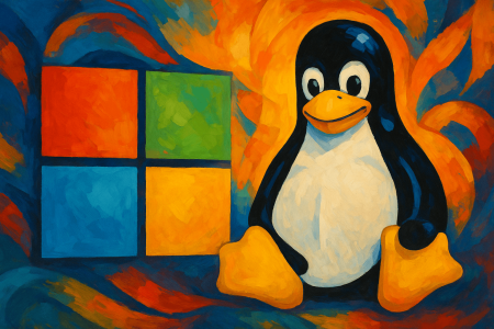 composición colorida con el logo de Microsoft a la izquierda y Tux, la mascota de Linux, a la derecha