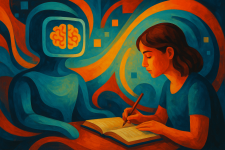 estudiante escribiendo mientras una figura simbólica de IA la observa