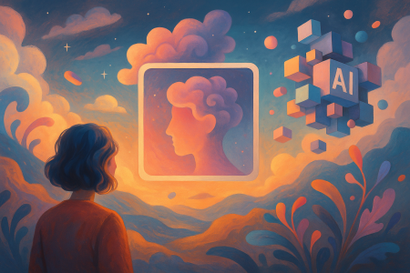 Mujer observa un paisaje surrealista con símbolos de inteligencia artificial flotando en un entorno onírico.