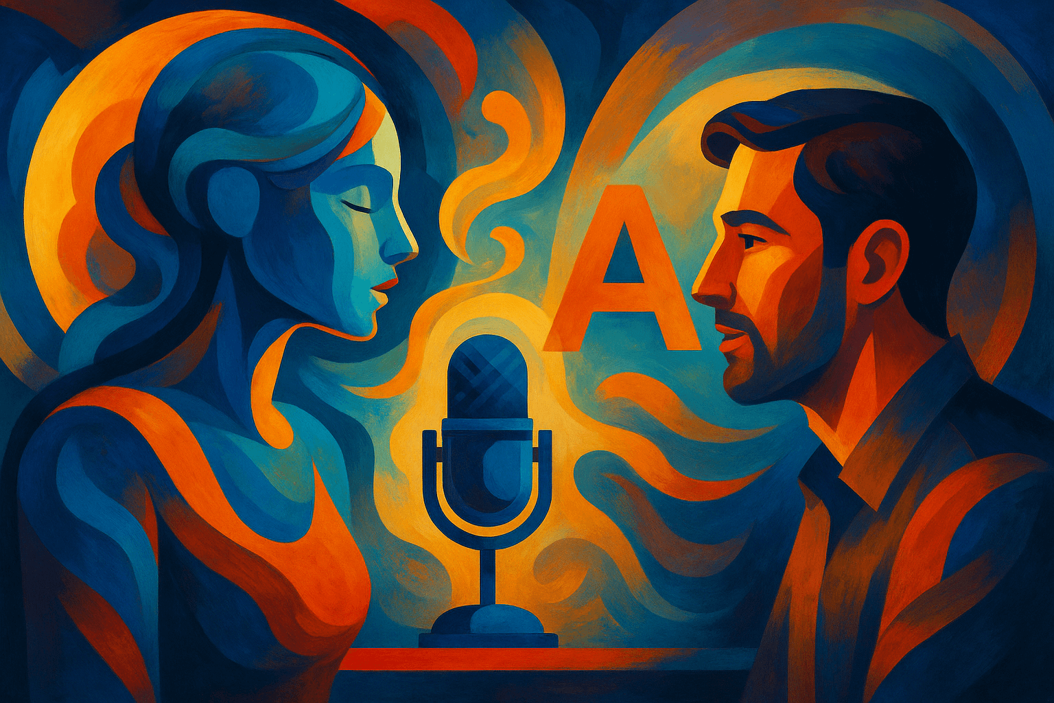 ilustración abstracta de una conversación entre humano y asistente de voz IA, con formas fluidas, micrófono central y estilo moderno colorido