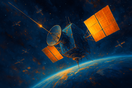 ilustración artística de satélites conectados por láseres sobre la Tierra representando una supercomputadora espacial con inteligencia artificial china