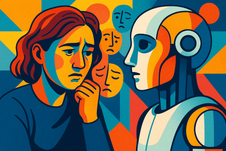 ilustración artística y colorida de una mujer pensativa frente a un robot que la observa con atención, con expresiones emocionales flotando alrededor