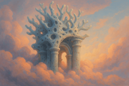 ilustración surrealista de estructura de concreto romano autoreparable entre nubes con forma coralina y luz suave