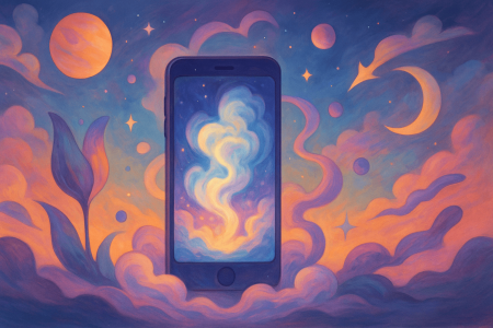 ilustración surrealista de inteligencia artificial en un móvil con elementos oníricos