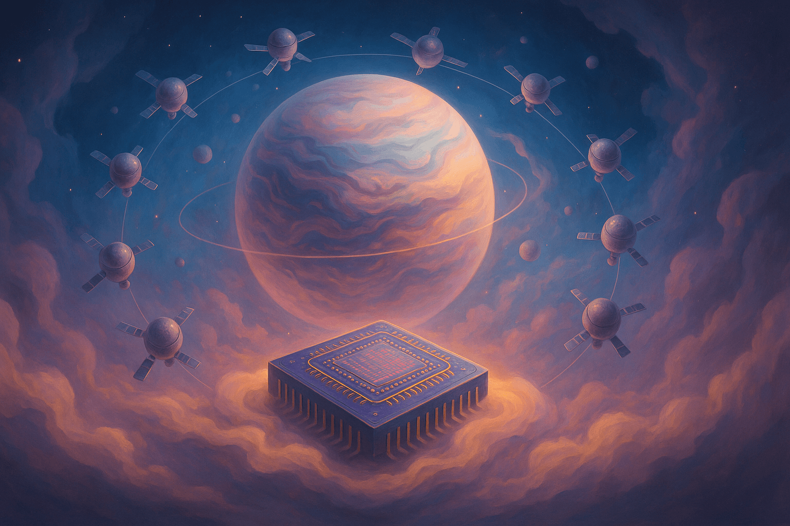 ilustración surrealista de satélites con inteligencia artificial orbitando en el espacio como supercomputadora