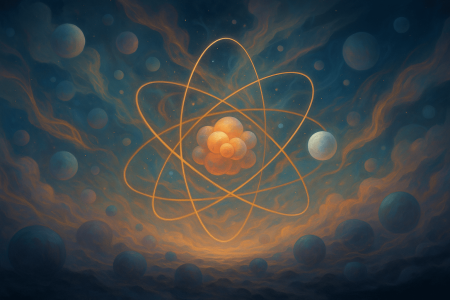 ilustración surrealista de simulación cuántica con átomos y luz en movimiento