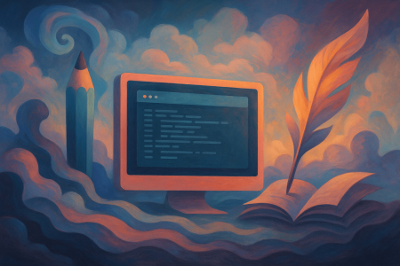 ilustración surrealista de un editor de texto en la nube con lápiz y pluma gigante representando Microsoft Edit