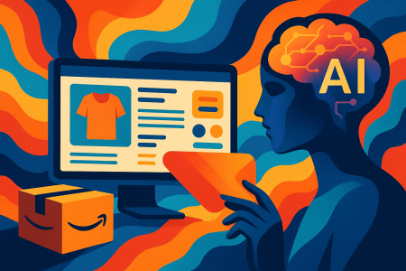 Ilustración colorida de inteligencia artificial mejorando una ficha de producto en Amazon, con un cerebro digital y un paquete característico, representando el uso de IA generativa en el comercio electrónico.