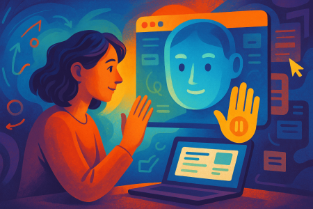 ilustración artística de una mujer interactuando con una inteligencia artificial en un entorno web