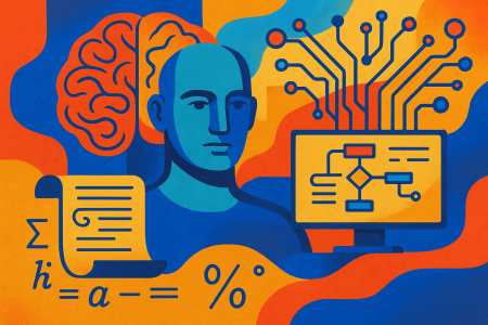 lustración conceptual y colorida que representa la inteligencia artificial generando algoritmos