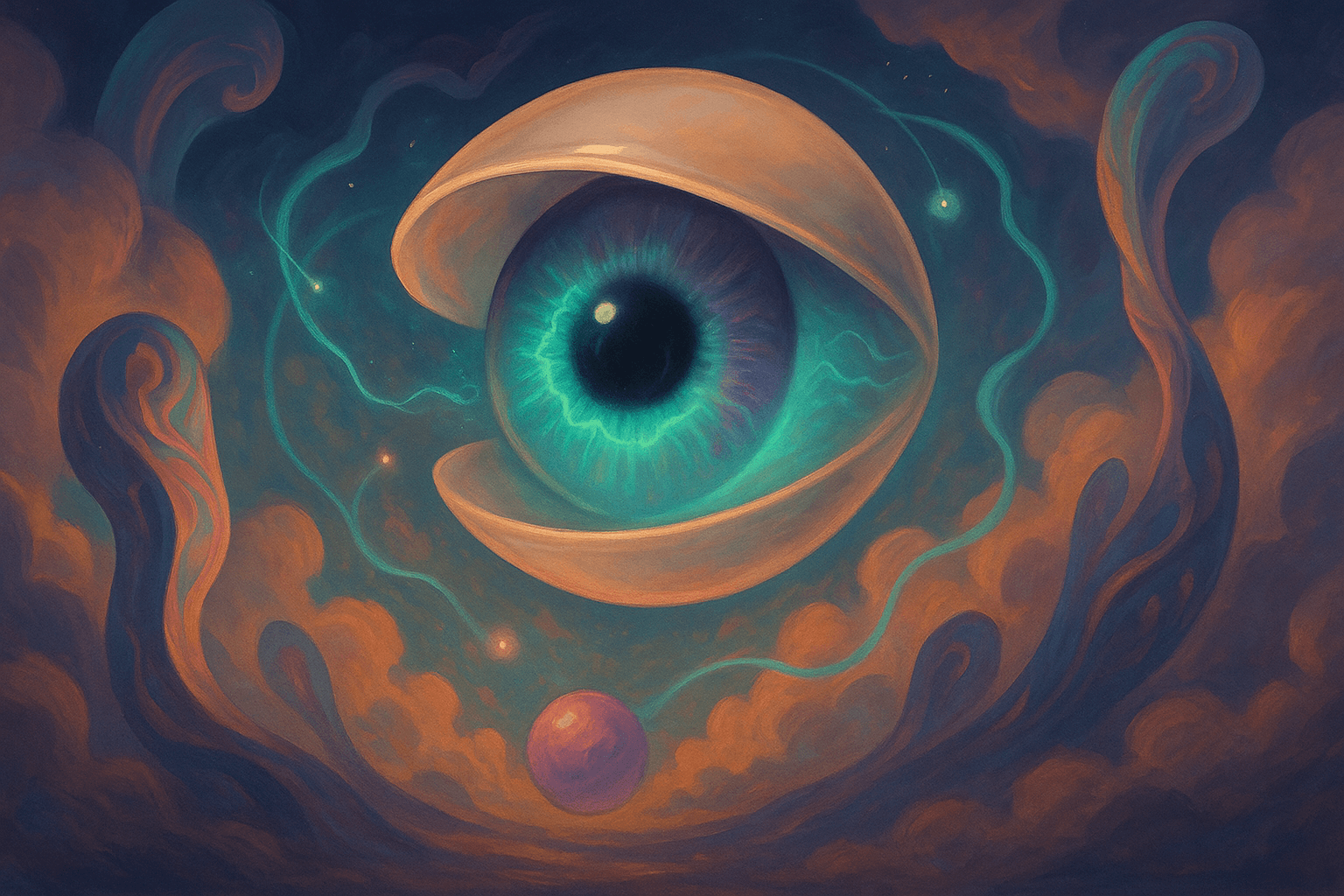 lustración digital surrealista de un ojo flotante rodeado de formas oníricas, inspirada en lentes de contacto que permiten ver luz infrarroja sin energía.