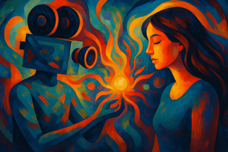 pintura abstracta colorida que representa la conexión emocional entre una mujer y una figura tecnológica con forma de cámara, simbolizando el uso de inteligencia artificial en la creación cinematográfica mediante Google Flow y la película Ancestra.