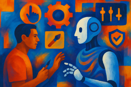 pintura abstracta en colores cálidos y fríos de un humano personalizando un robot