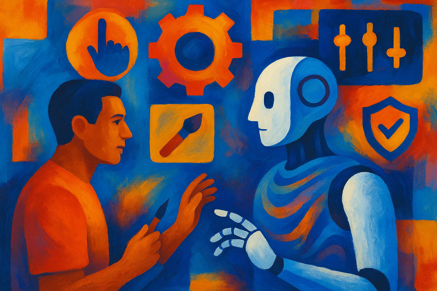 pintura abstracta en colores cálidos y fríos de un humano personalizando un robot