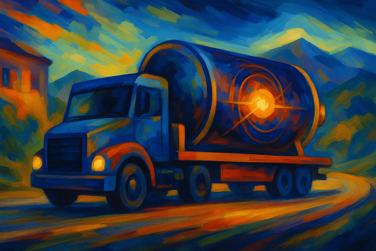 pintura colorida de un camión transportando un contenedor de antimateria resplandeciente a través de paisajes montañosos, simbolizando el logro científico de CERN en el traslado seguro de antipartículas