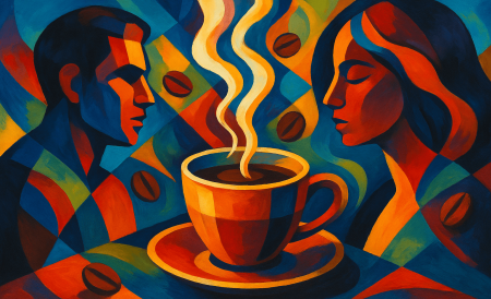 pintura colorida estilo moderno con dos rostros enfrentados y una taza de café espresso humeante en el centro