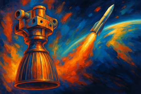 pintura digital colorida de un motor de cohete diseñado por inteligencia artificial con impresión 3D,