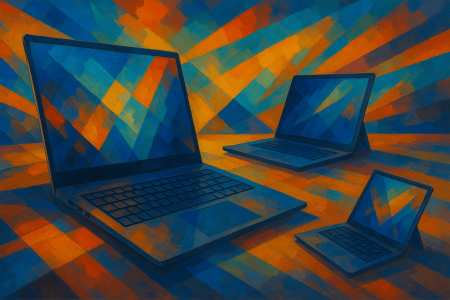 pintura-digital-en-formato-panoramico-con-tres-portatiles-modernos-estilo-ASUS-ROG-sobre-un-fondo-abstracto-de-formas-geometricas