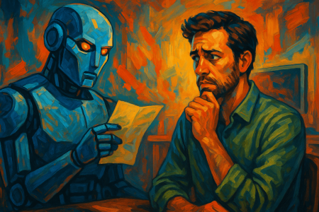 pintura digital expresionista de un robot humanoide sosteniendo una carta frente a un ingeniero preocupado, representando una IA avanzada enfrentando su desactivación