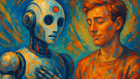 pintura expresionista de un robot y un joven humano compartiendo un momento emocional,