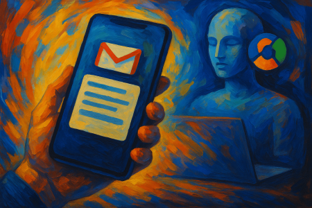 pintura expresionista de una mano sosteniendo un móvil con Gmail abierto mientras una figura azul representa la inteligencia artificial generando un resumen automáticamente