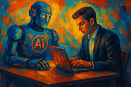 pintura expresionista que representa la tensión entre la inteligencia artificial y los jóvenes profesionales