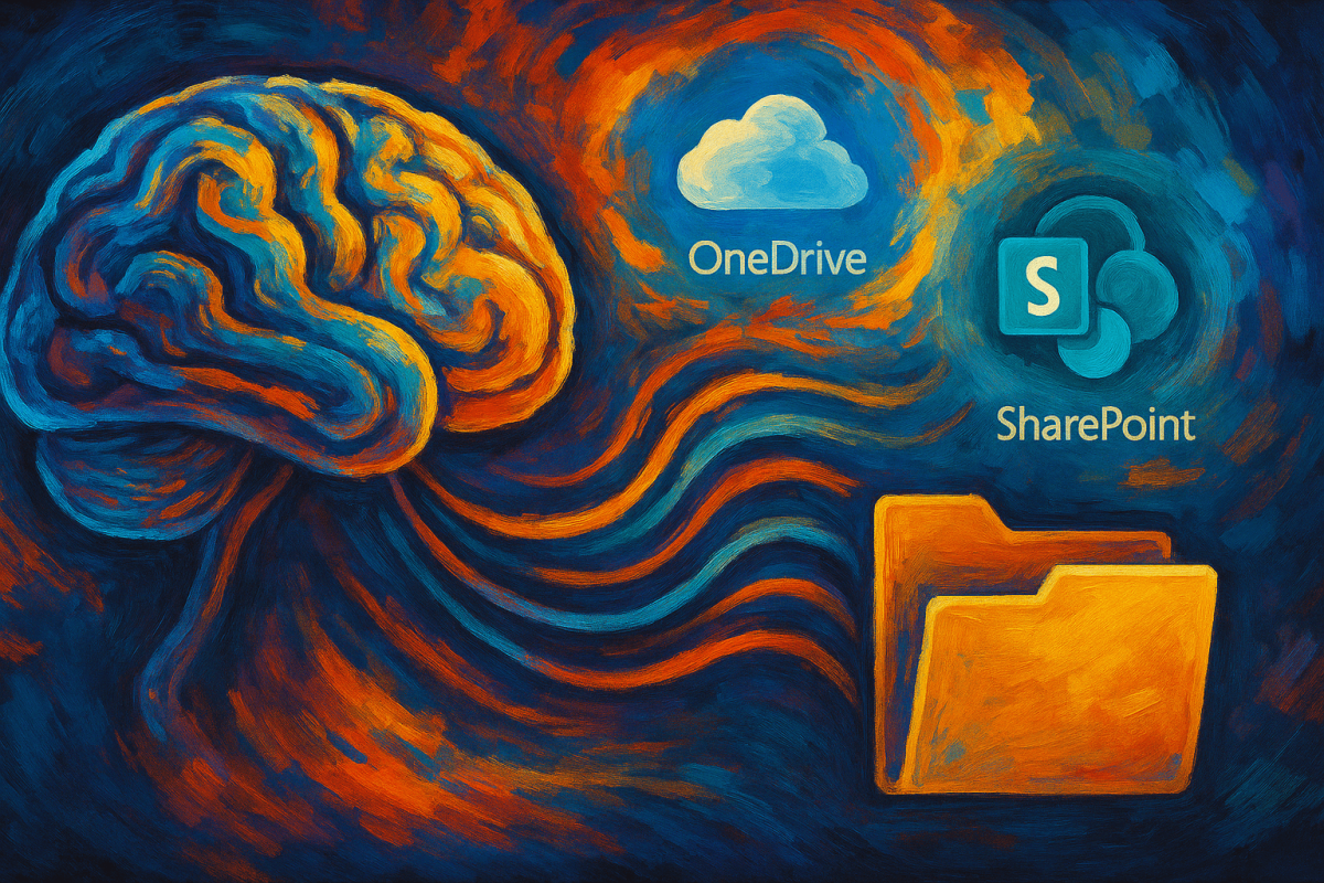 representa a una inteligencia artificial conectándose con carpetas digitales de OneDrive y SharePoint