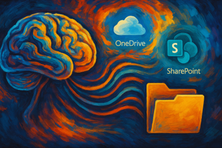representa a una inteligencia artificial conectándose con carpetas digitales de OneDrive y SharePoint