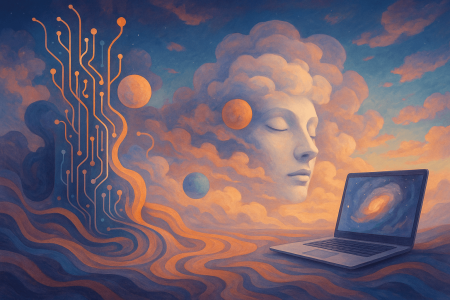 na figura onírica entre nubes, circuitos abstractos y un portátil cósmico, representa ia