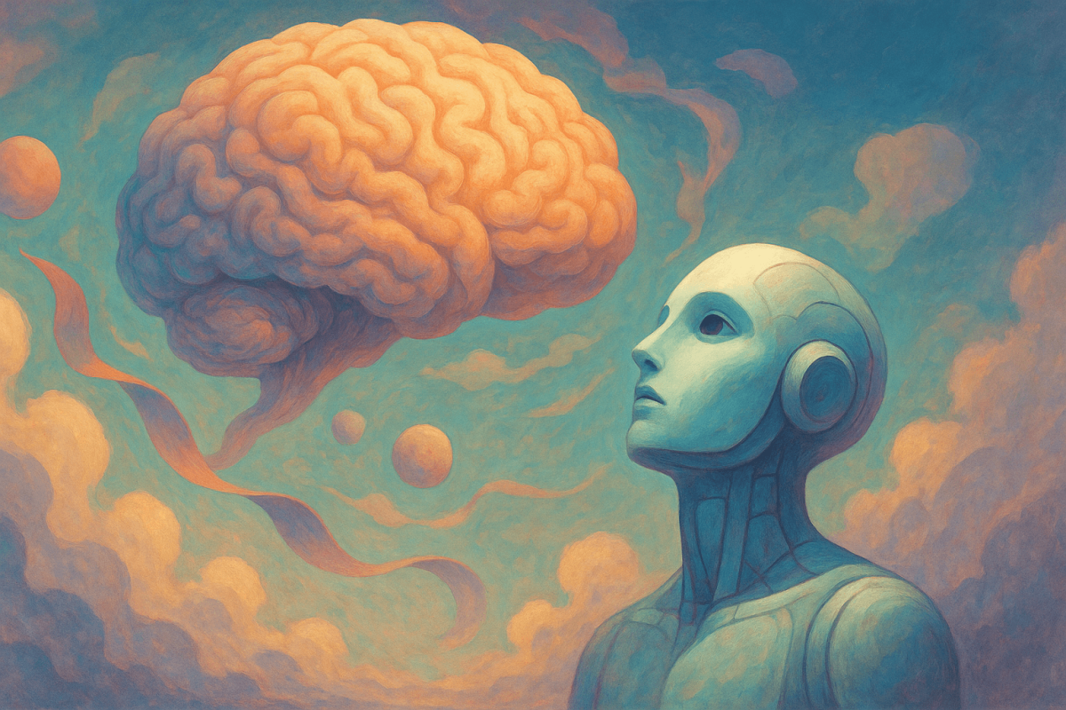 Asistente de inteligencia artificial mirando una nube cerebral surrealista en un paisaje onírico