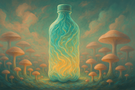 Botella-surrealista-de-micelio-biodegradable-rodeada-de-hongos-en-un-paisaje-onirico