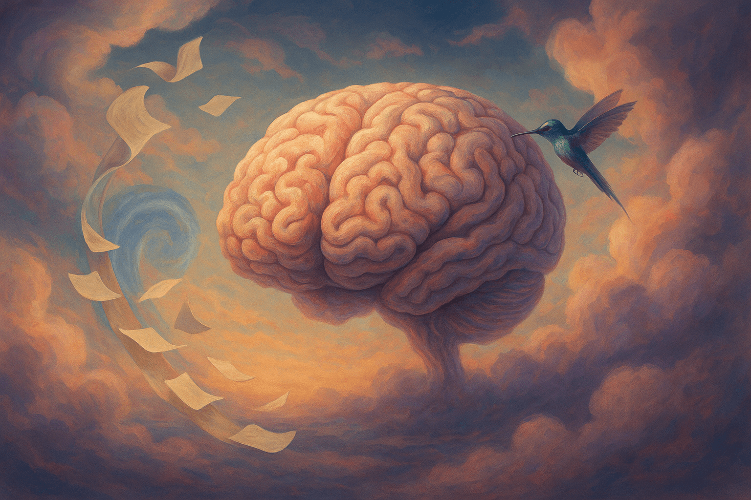 Cerebro-flotante-tocado-por-colibri-y-rodeado-de-papeles-volando-hacia-un-portal-azul-ilustracion-surrealista-sobre-privacidad-y-datos-en-IA.