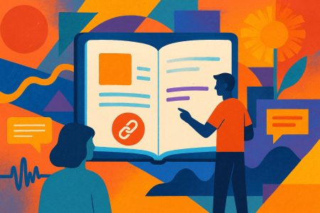 Ilustracion-abstracta-de-un-cuaderno-digital-flotante-con-iconos-de-enlace-figuras-humanas-interactuando-y-un-entorno-colorido-que-representa-el-conocimiento-compartido-a-traves-de-NotebookLM.